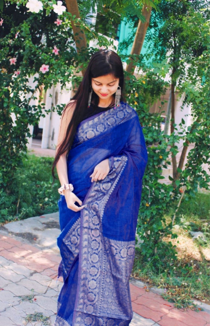 Silk Linen Banarasi Brocade Handloom Sapphire Blue Saree with Blouse-Indiehaat