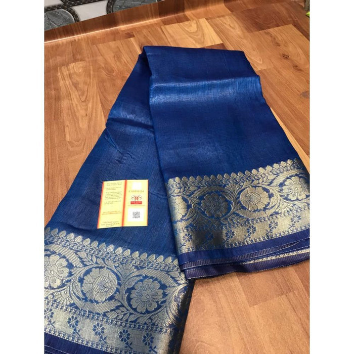 Silk Linen Banarasi Brocade Handloom Sapphire Blue Saree with Blouse-Indiehaat