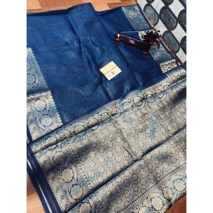 Silk Linen Banarasi Brocade Handloom Sapphire Blue Saree with Blouse-Indiehaat