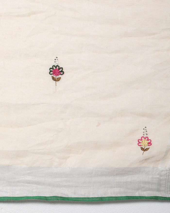 Beautiful Pure Linen Floral Embroidered Biege Saree