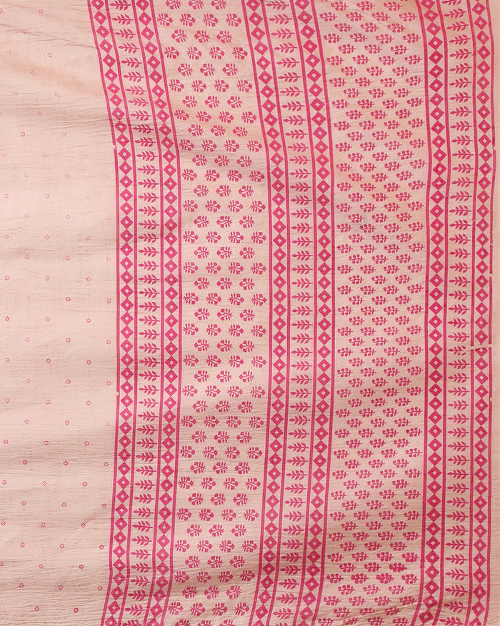 Beige katan silk unstitched suit set with small magenta floral hand block print, linear geometric striped borders and tasselled dupatta ends.