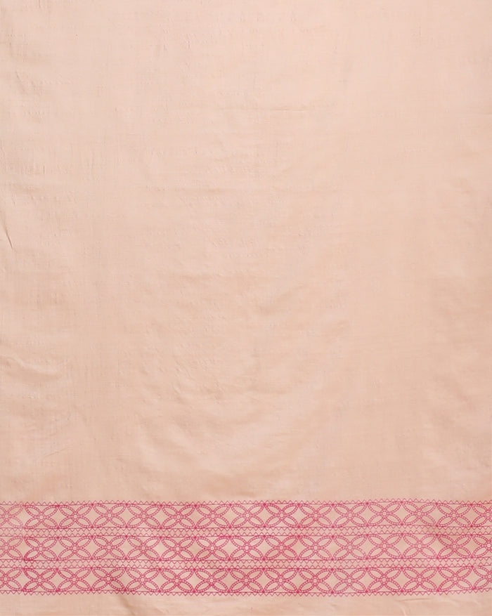 Beige katan silk unstitched suit set with small magenta floral hand block print, linear geometric striped borders and tasselled dupatta ends.