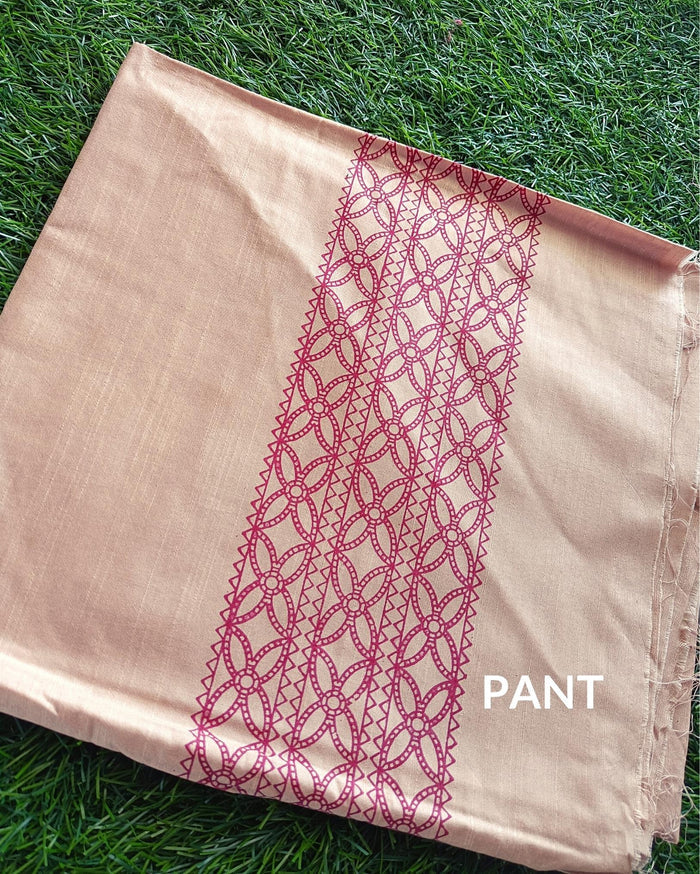 Beige Katan silk unstitched suit set block printed with panels of Sanskrit calligraphy in deep magenta, separated by linear stripes with white accents and straight, clean edges.