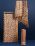 Beige and brown Katan silk unstitched suit set hand block printed with small stylised leaf motifs, the dupatta and bottom edged with a linear geometric band border.