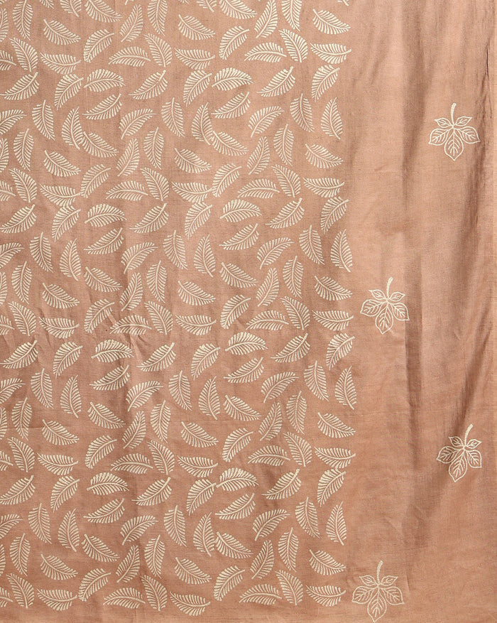 Beige and brown Katan silk unstitched suit set hand block printed with small stylised leaf motifs, the dupatta and bottom edged with a linear geometric band border.