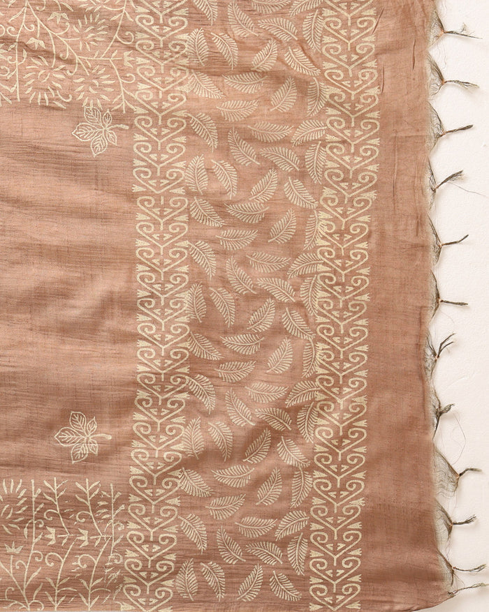 Beige and brown Katan silk unstitched suit set hand block printed with small stylised leaf motifs, the dupatta and bottom edged with a linear geometric band border.