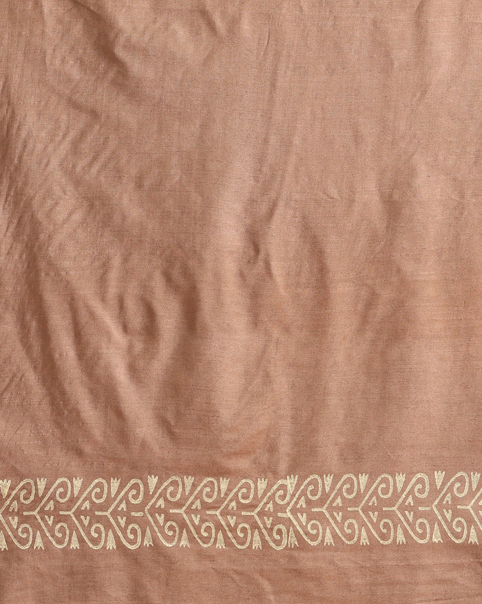 Beige and brown Katan silk unstitched suit set hand block printed with small stylised leaf motifs, the dupatta and bottom edged with a linear geometric band border.