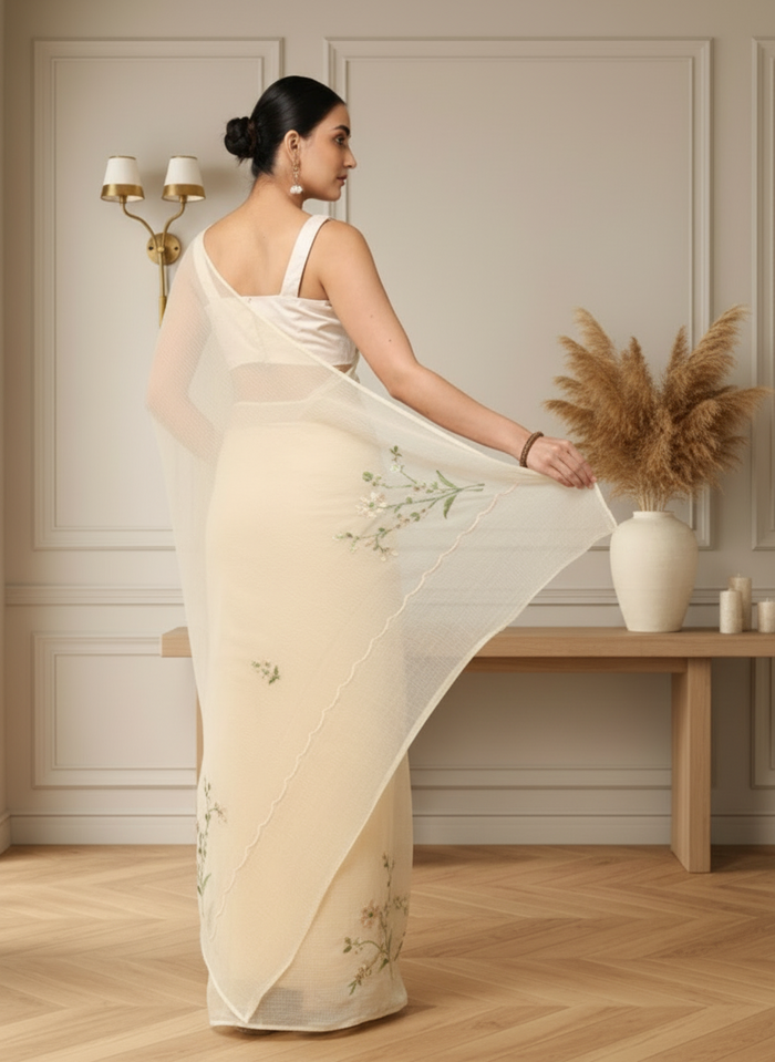 Beige Pure Kota Doria Saree Embroidered