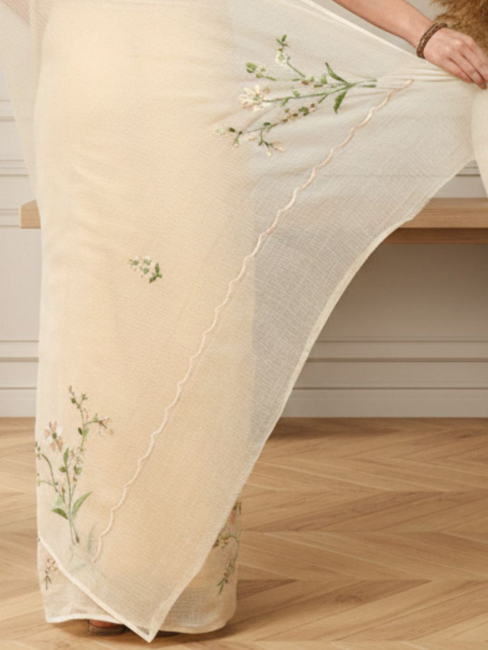 Beige Pure Kota Doria Saree Embroidered