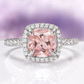 Belle Cushion Cut Natural Morganite Engagement Ring in 14K White Gold by Aquamarise Gold, featuring a pink cushion-cut morganite surrounded by sparkling diamonds on a white gold band.