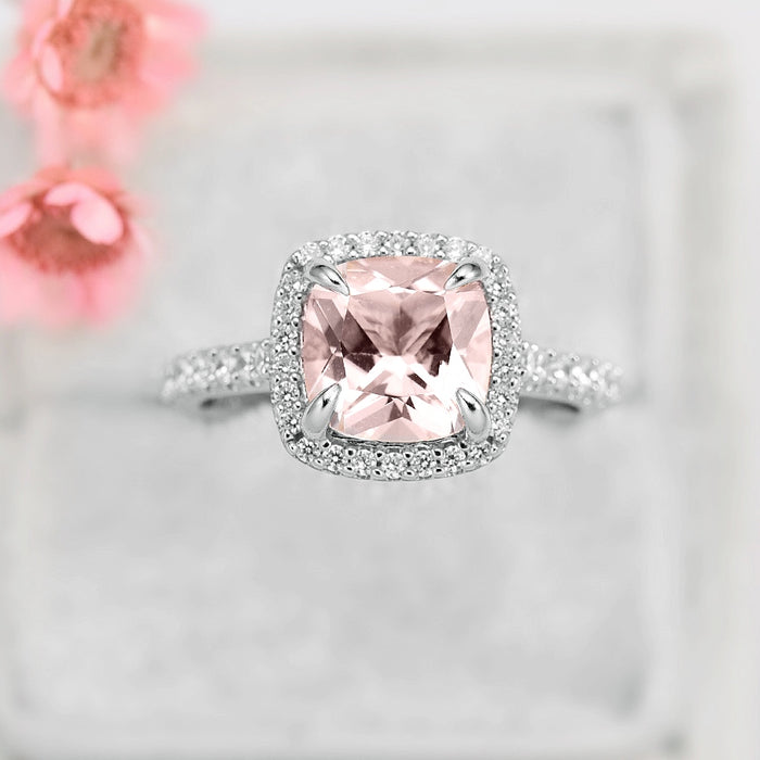 Belle Cushion Cut Natural Morganite Engagement Ring in 14K White Gold by Aquamarise Gold featuring a pink cushion-cut morganite with a diamond halo on a pavé-set white gold band.
