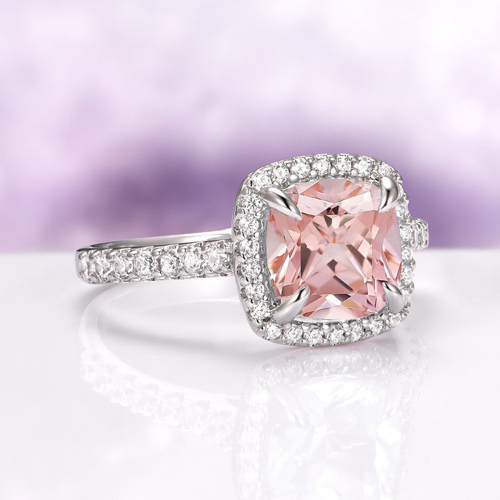 Belle Cushion Cut Natural Morganite Engagement Ring in 14K White Gold showcasing a pink morganite center with a pavé diamond halo and band by Aquamarise Gold.
