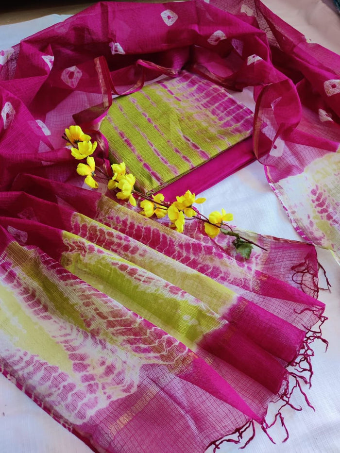 Indiehaat | Kota Cotton Shibori Suit Set Green & Pink