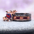 Black Fire Opal & Rose Gold Leaf Wedding Band- 8MM Rose Gold/ Black Tungsten featuring a faceted black tungsten band with a vibrant red and black opal inlay accented by rose gold leaf details, presented by Aquamarise from collections including Men's Wedding Bands and October Birthstone.