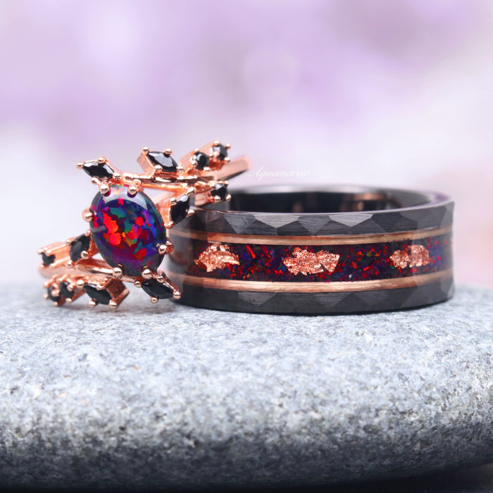Black Fire Opal & Rose Gold Leaf Wedding Band- 8MM Rose Gold/ Black Tungsten featuring a faceted black tungsten band with a vibrant red and black opal inlay accented by rose gold leaf details, presented by Aquamarise from collections including Men's Wedding Bands and October Birthstone.