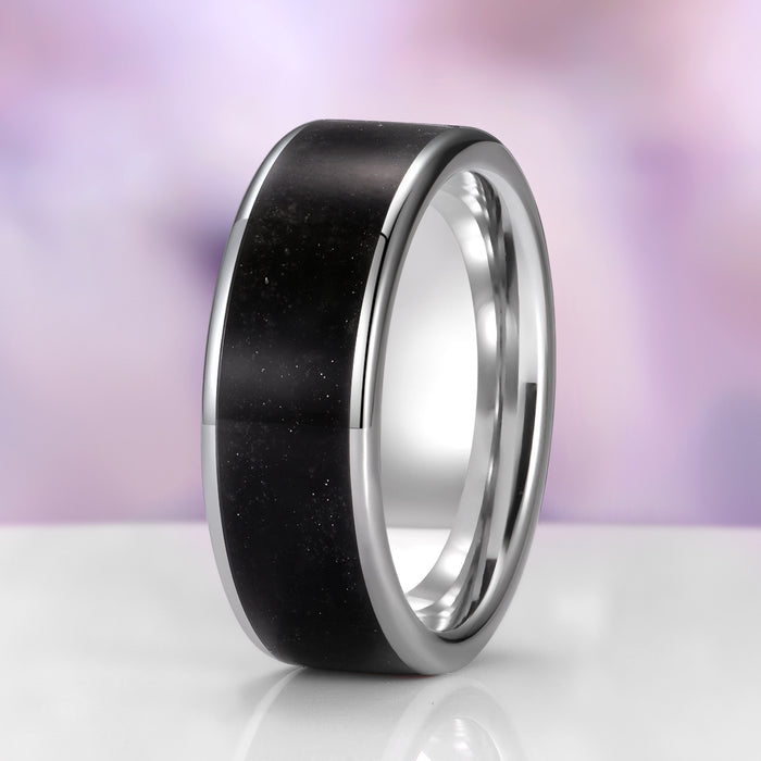 Black Obsidian Wedding Band in Tungsten Carbide (8mm) by Aquamarise, featuring a polished natural black obsidian inlay set within a sleek tungsten carbide band with a comfort-fit interior, part of Men’s Wedding Bands and Inlay Wedding Bands collections.