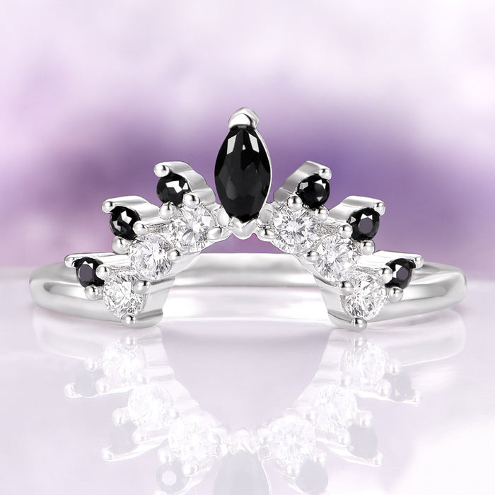 Black Onyx Stacking Ring in Sterling Silver by Aquamarise featuring black onyx and clear stones in a curved silver band from Sterling Silver Rings and Women’s Wedding Bands collections.