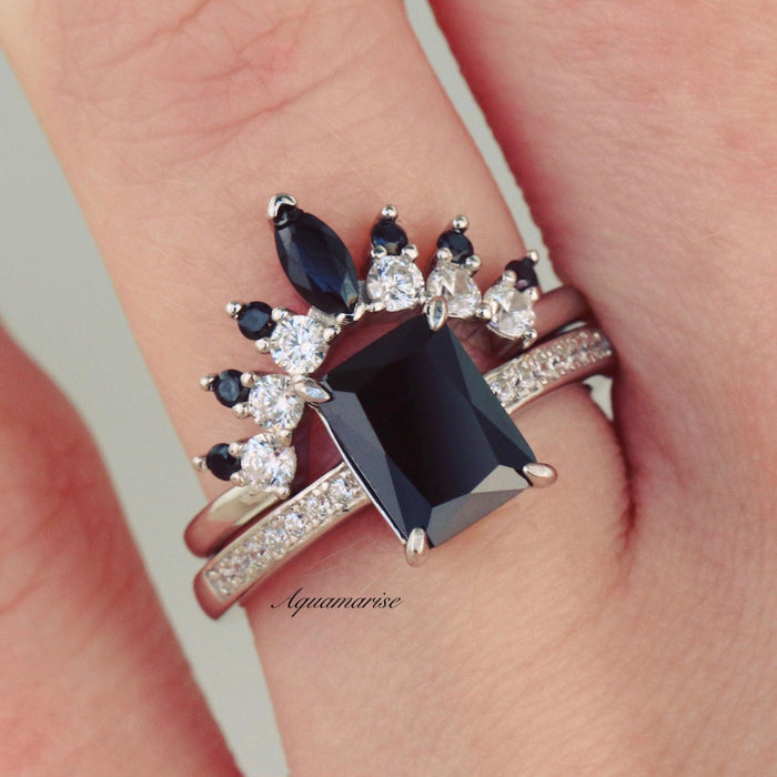 Black Onyx Stacking Ring in Sterling Silver by Aquamarise, featuring a bold rectangular black onyx stone with sparkling white and black gemstones on a delicate sterling silver band.