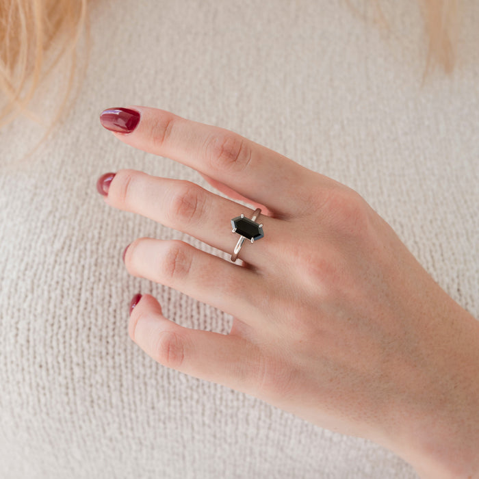 Black Onyx Hexagon Ring in Sterling Silver by Aquamarise, featuring a bold hexagon-cut black onyx stone on a sleek sterling silver band, perfect for alternative and gothic engagement styles.