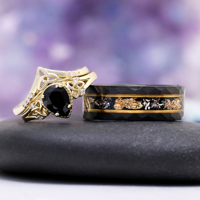 Black Onyx & Meteorite Celtic Couples Ring Set by Aquamarise featuring a black onyx center stone with gold Celtic detailing and a meteorite inlay band with gold accents, ideal for matching couples rings.