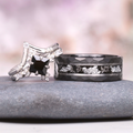 Black Onyx & Meteorite Couples Ring Set by Aquamarise featuring a faceted black onyx center with diamond accents and a polished meteorite inlay band, symbolizing unity and timeless love.