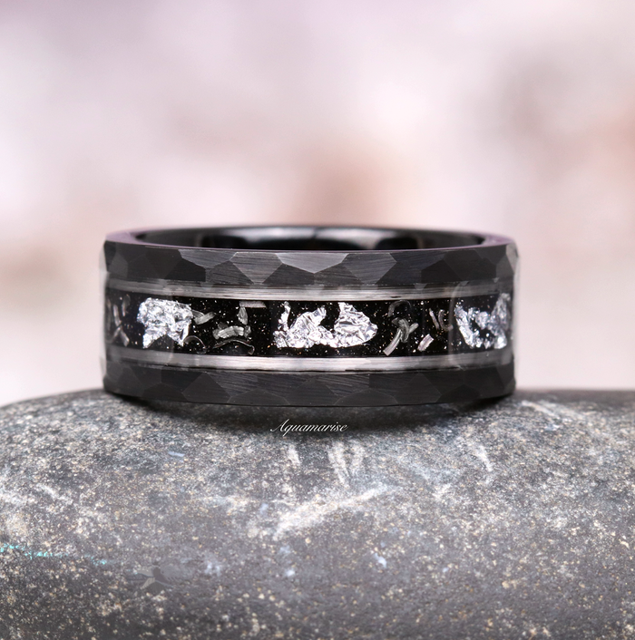 Skye Kite® Galaxy Herkimer Diamond & Meteorite Couples Ring Set by Aquamarise featuring a black hammered band with sparkling Herkimer diamond and meteorite inlay, from Matching Couples' Rings collection.