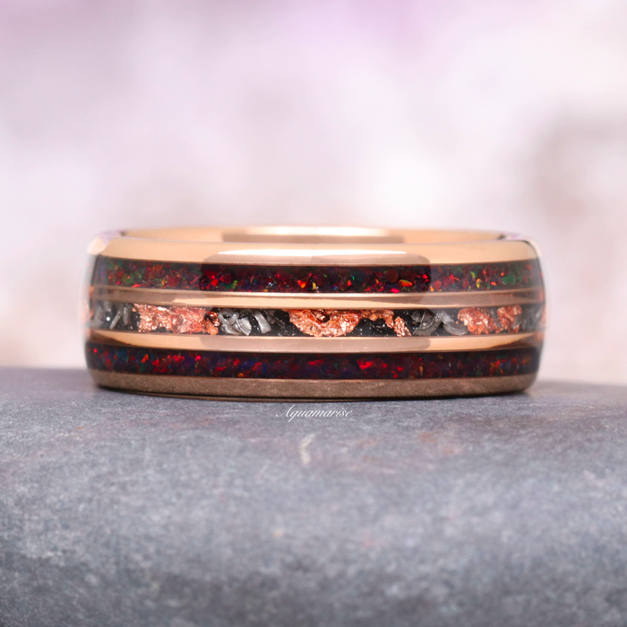 Black Fire Opal & Meteorite Wedding Band- 8MM Rose Gold Tungsten featuring cosmic black fire opal and meteorite inlays with polished rose gold edges by Aquamarise.