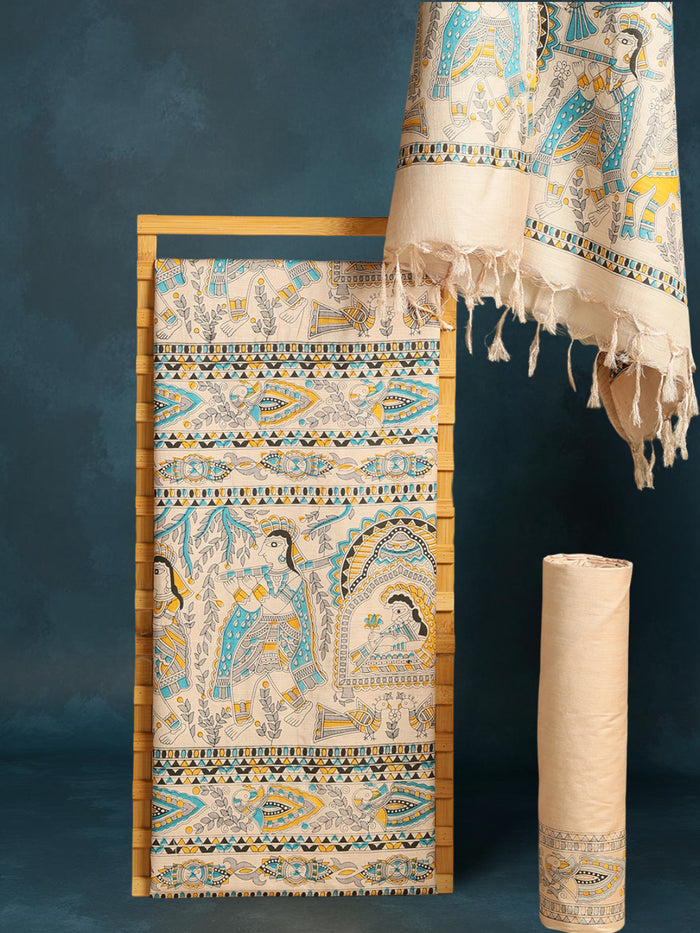 Blissful Katan Silk Madhubani Beige Suit (T+B+D)