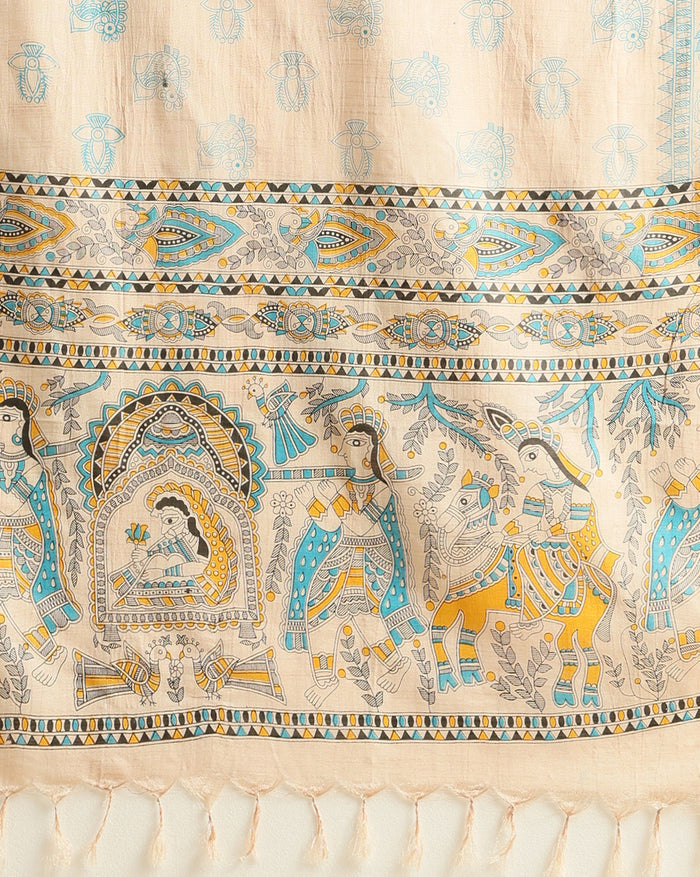 Blissful Katan Silk Madhubani Beige Suit (T+B+D)
