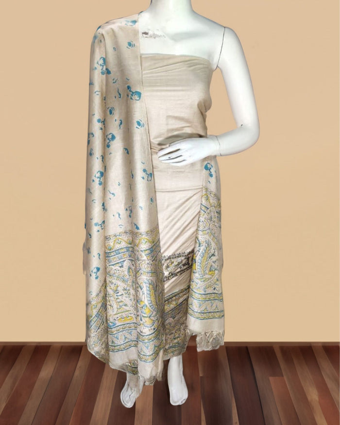 Blissful Katan Silk Madhubani Beige Suit (T+B+D)