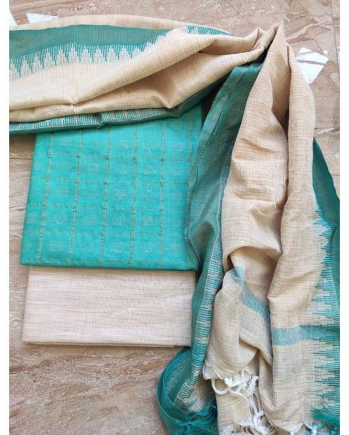 Blissful Khadi Cotton Handcrafted Blue Suit (T+B+D)