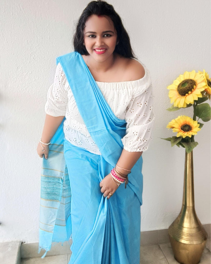 Pure Eri Silk Blue Saree with Running Blouse-Indiehaat
