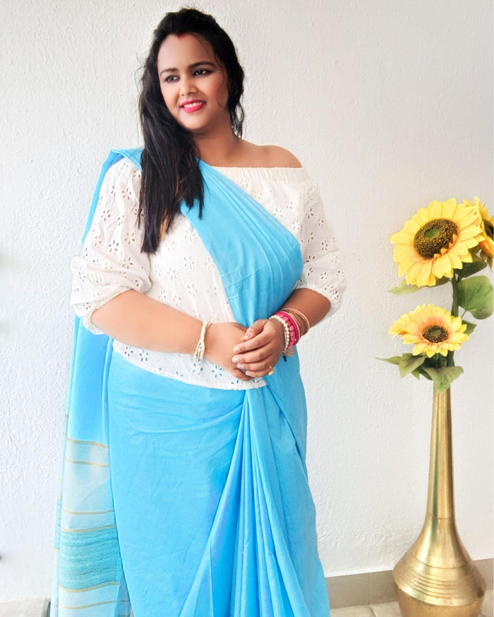 Pure Eri Silk Blue Saree with Running Blouse-Indiehaat