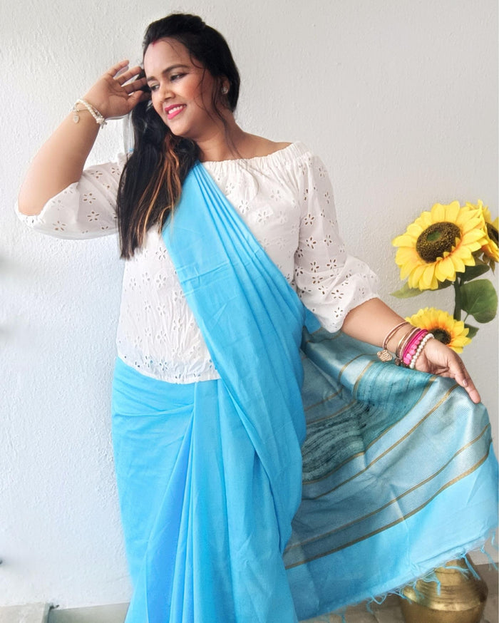 Pure Eri Silk Blue Saree with Running Blouse-Indiehaat