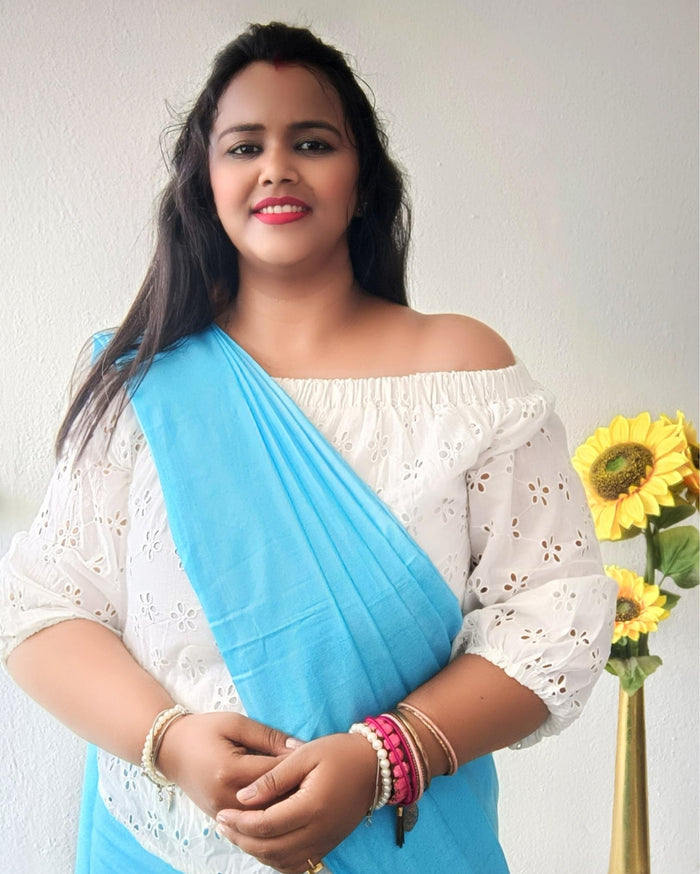 Pure Eri Silk Blue Saree with Running Blouse-Indiehaat