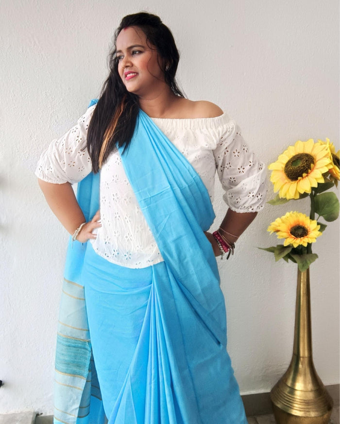 Pure Eri Silk Blue Saree with Running Blouse-Indiehaat