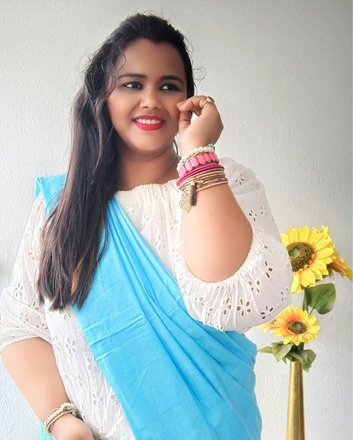 Pure Eri Silk Blue Saree with Running Blouse-Indiehaat
