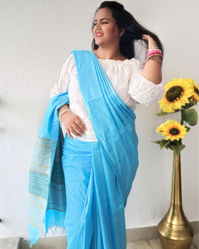 Pure Eri Silk Blue Saree with Running Blouse-Indiehaat