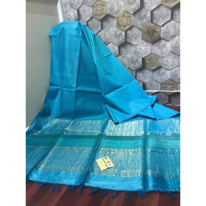 Pure Eri Silk Blue Saree with Running Blouse-Indiehaat