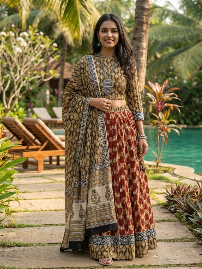 Blockprinted Stitched Cotton Lehanga Red & Black