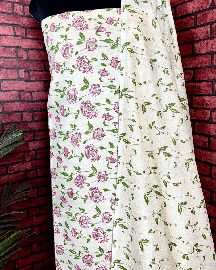 Indiehaat | Khadi Silk Beige Suit Printed Top+Bottom+Dupatta