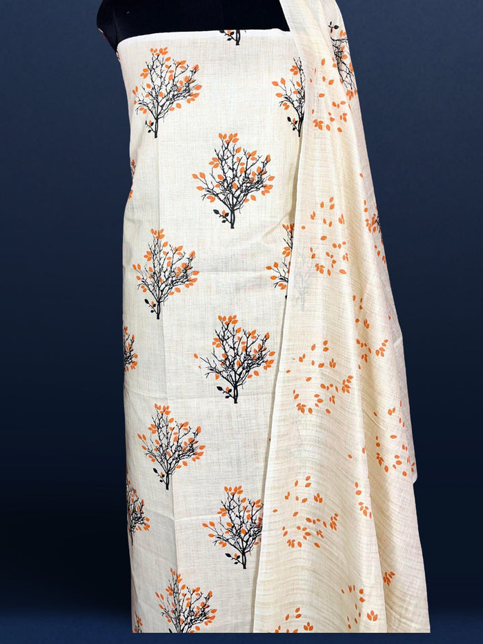 Blossom Blockprinted Khadi Silk Leafy Beige Suit (T+B+D)