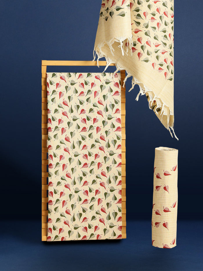 Blossom Leafy Blockprinted Khadi Silk Beige Suit (T+B+D)