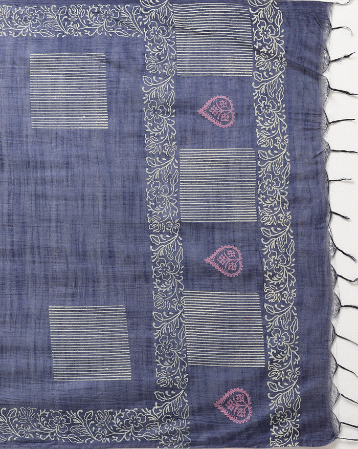 Dark blue Katan silk suit set hand block printed in a checkerboard grid of white and pale pink leaf motifs and vertical stripes, with a botanical border along the dupatta.
