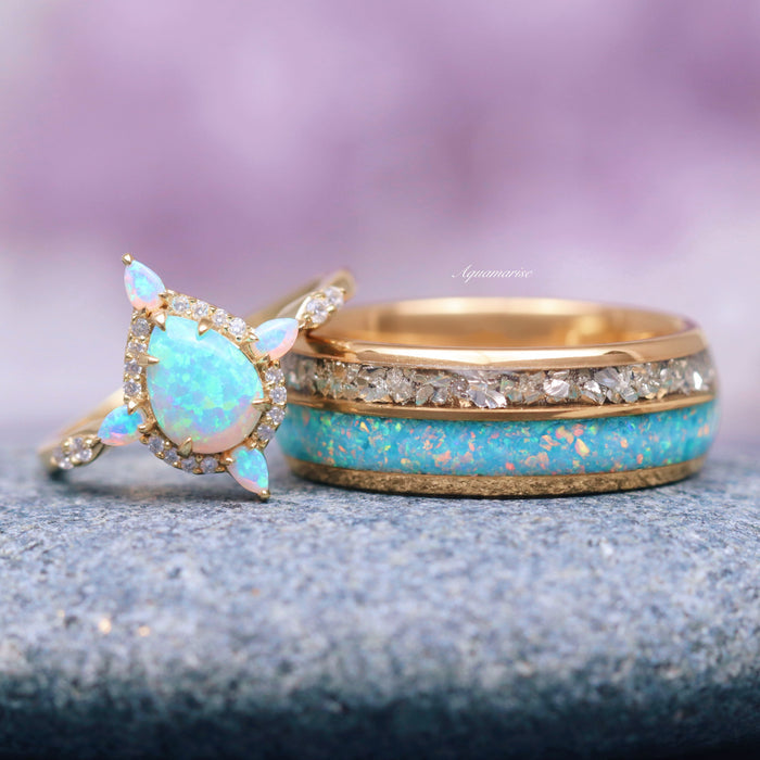 Blue Fire Opal & Simulated Diamond Wedding Band- 8MM Gold Tungsten ring featuring a vibrant blue fire opal inlay and crushed simulated diamond accents, displayed with an opal and diamond halo engagement ring by Aquamarise from men’s wedding bands and birthstone jewelry collections.