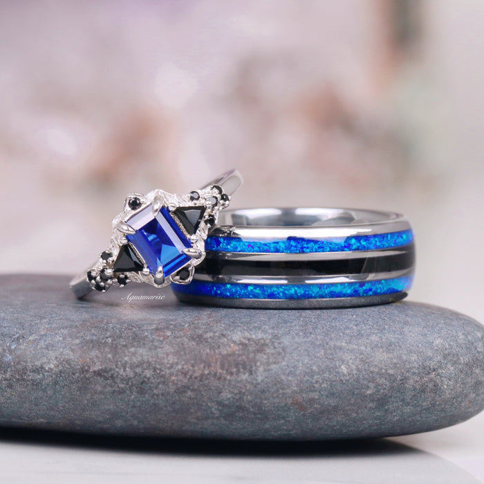 Blue Sapphire & Black Onyx Leaf Engagement Ring- 14K White Gold with a vibrant blue sapphire and black onyx accents, paired with a blue fire opal and black onyx men's band by Aquamarise Gold.