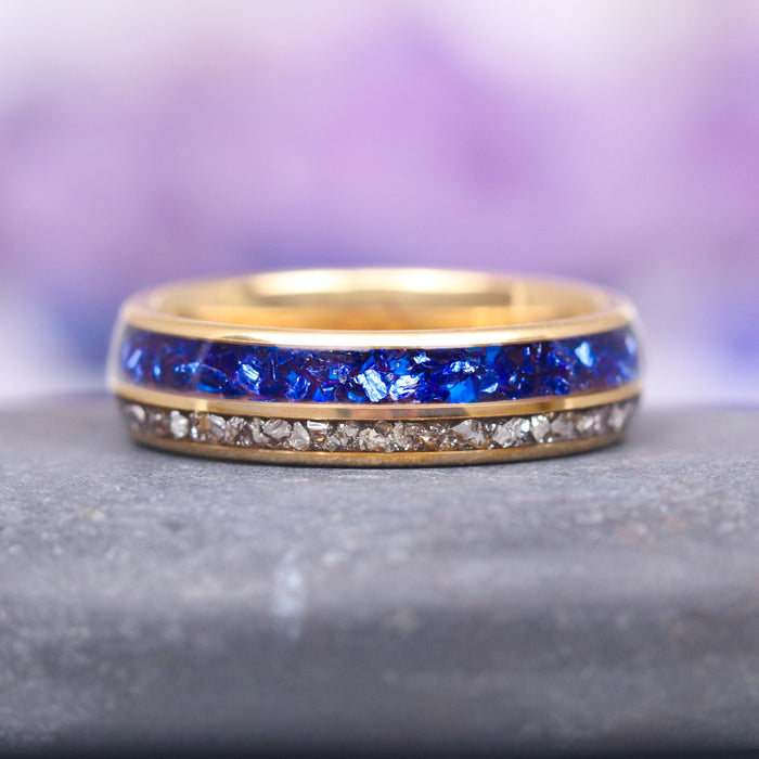 Blue Sapphire & Fantasy Shield Cut Diamond (CZ) Couples Ring Set by Aquamarise, featuring a gold band inlaid with vibrant crushed blue sapphires and sparkling crushed diamond-like cubic zirconia, part of Matching Couples' Rings and Sapphire Jewelry collections.