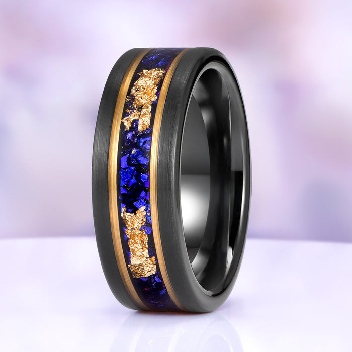 Blue Sapphire & Gold Leaf Brushed Men's Wedding Band in Black Tungsten (8mm)