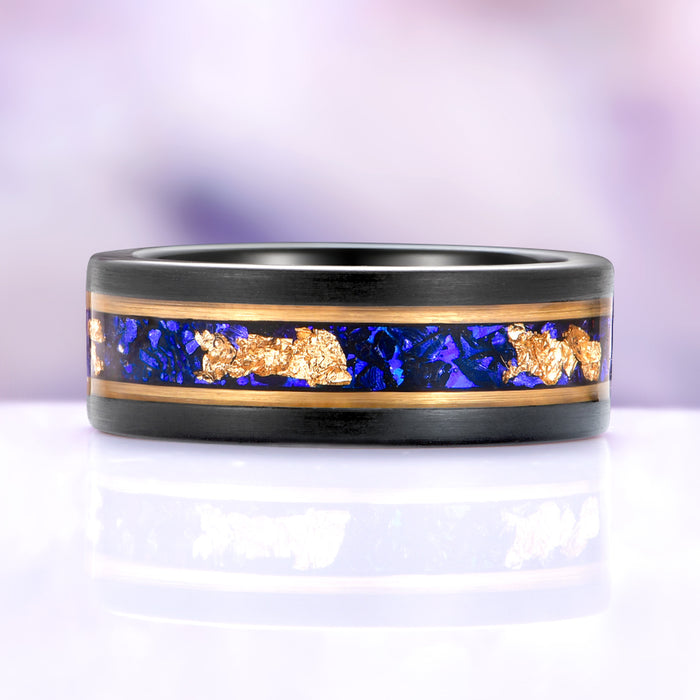 Blue Sapphire & Gold Leaf Brushed Men's Wedding Band in Black Tungsten (8mm) – side profile view