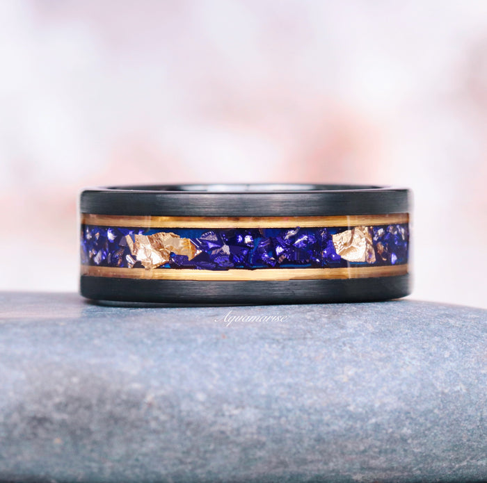 Blue Sapphire & Gold Leaf Wedding Band in Black Tungsten Carbide (8mm) by Aquamarise featuring a brushed black band with a vibrant blue sapphire and gold leaf inlay, from the Men's Wedding Bands collection.